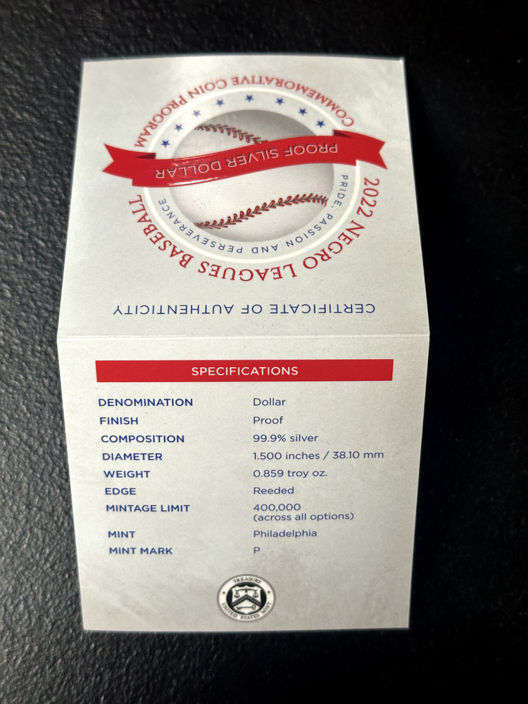 2022 negro Leagues Baseball Commemorative Coin Program Proof Silver Dollar w/CoA
