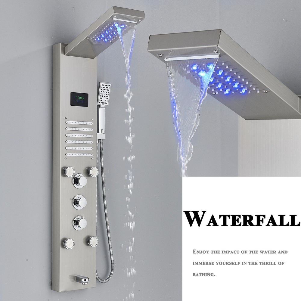 ELLO&ALLO Shower Panel Tower System Brushed Nickel LED Rainfall Massage Jets Tap