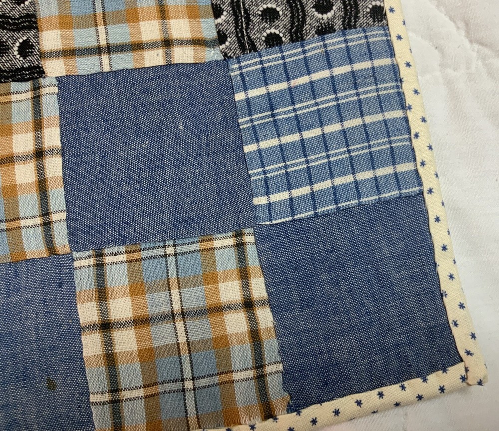 Vintage Patchwork Quilt Table Topper, Nine Patch, Early Calico Prints, Blue