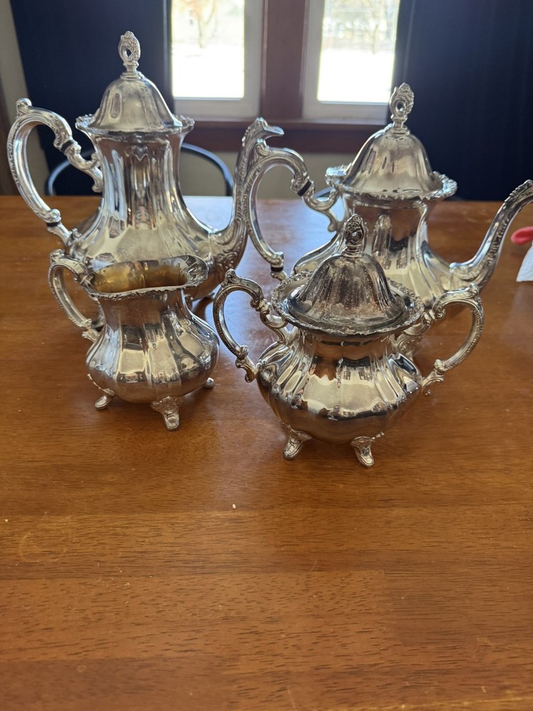 Antique Poole EPCA Lancaster Rose 400 Silver Plate Tea Coffee Teapot Set 4-pc