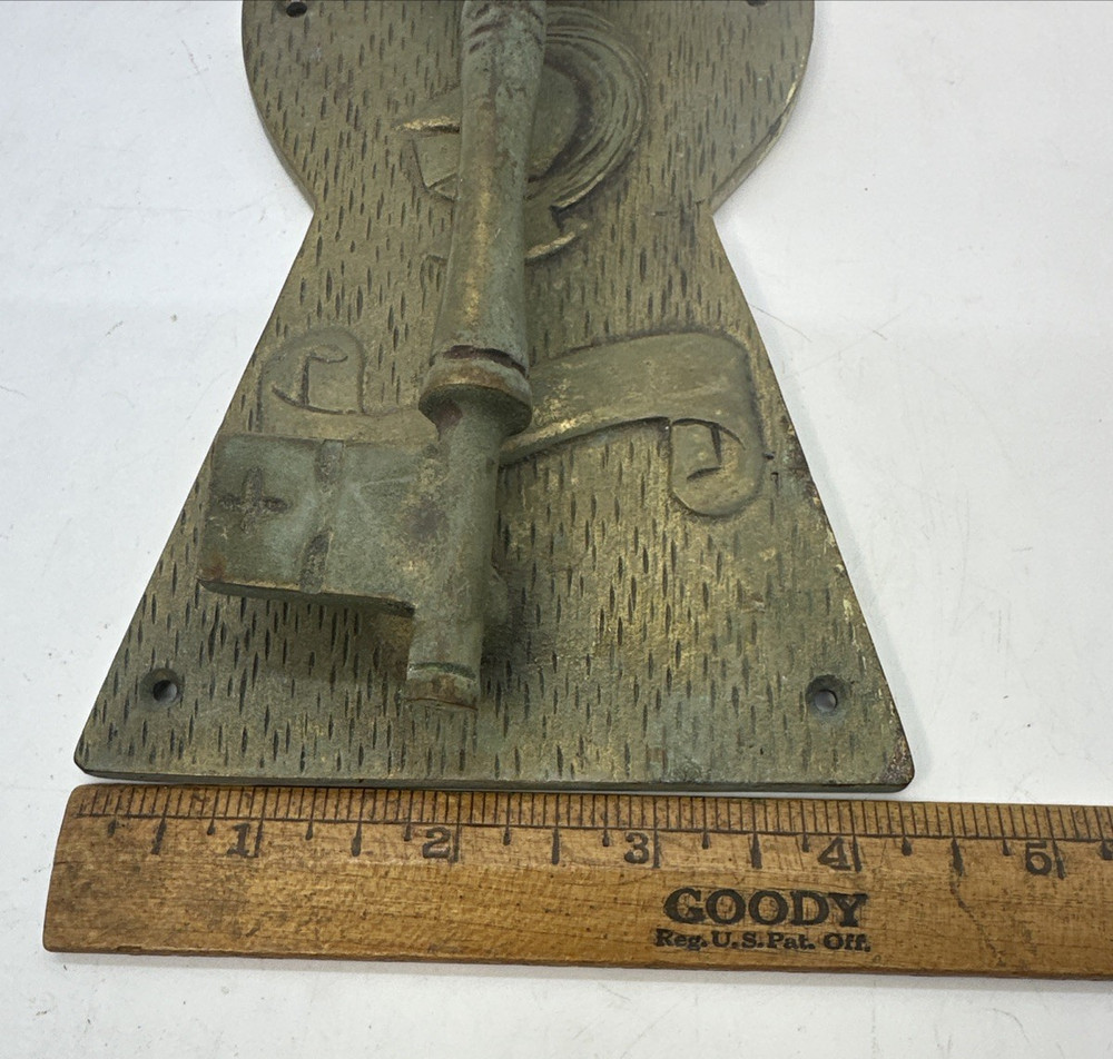 Vintage Solid Brass Skeleton Key Door Knocker W/Keyhole Shape Mounting Plate