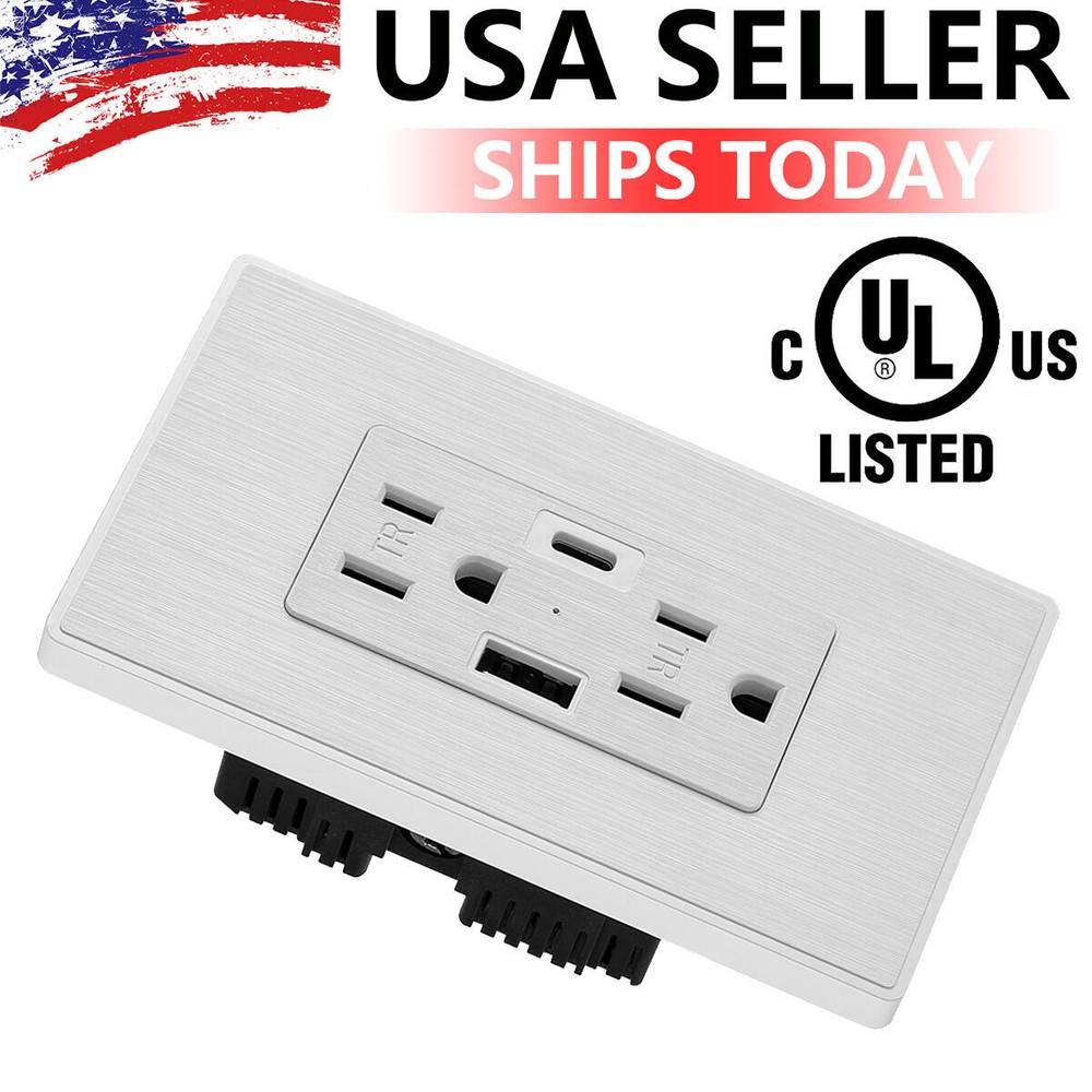 Electrical Outlet Panel Wall Socket AC Power Receptacle w/ Type-C USB-C USB Port