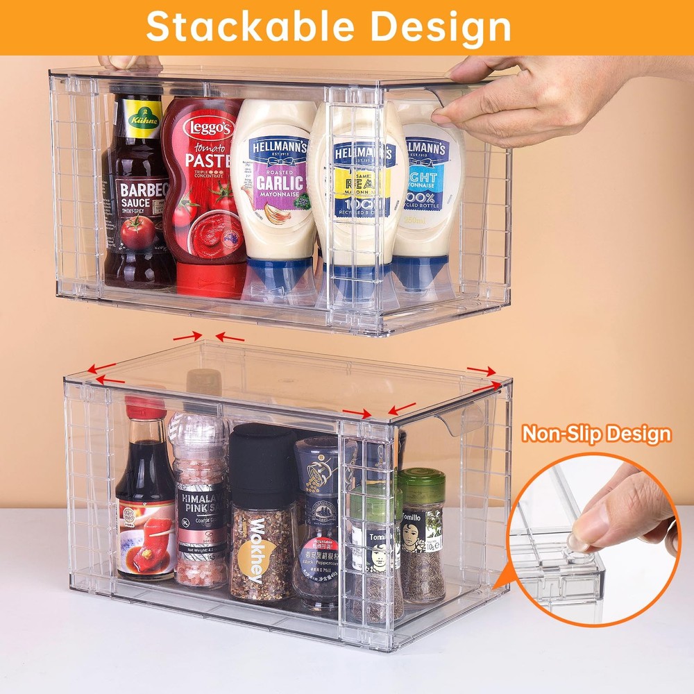 4Pack Large Stackable Kitchen Storage Drawers, Clear Foods Organizer Bins wit...