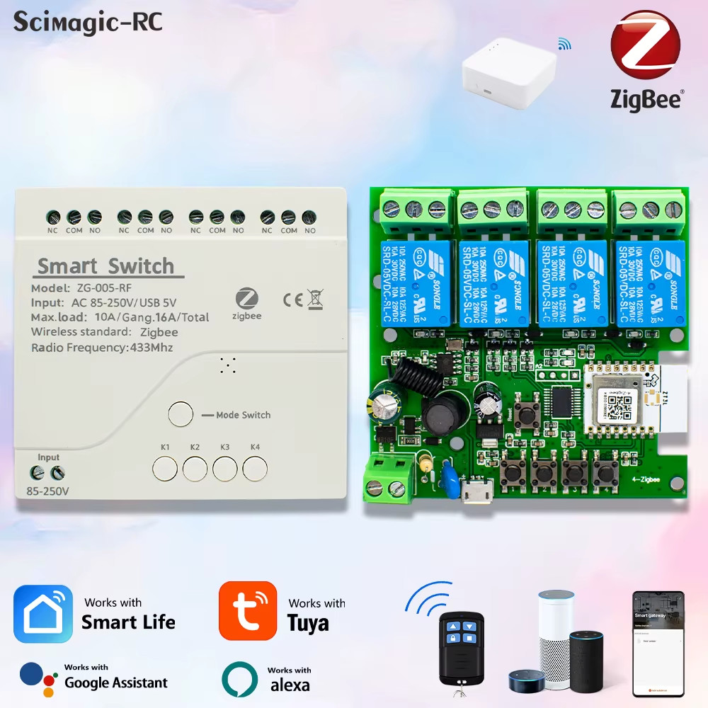 Tuya Zigbee Smart Switch Remote Control 1/2/4Ch Zigbee Relay Module 12V 24V 220V
