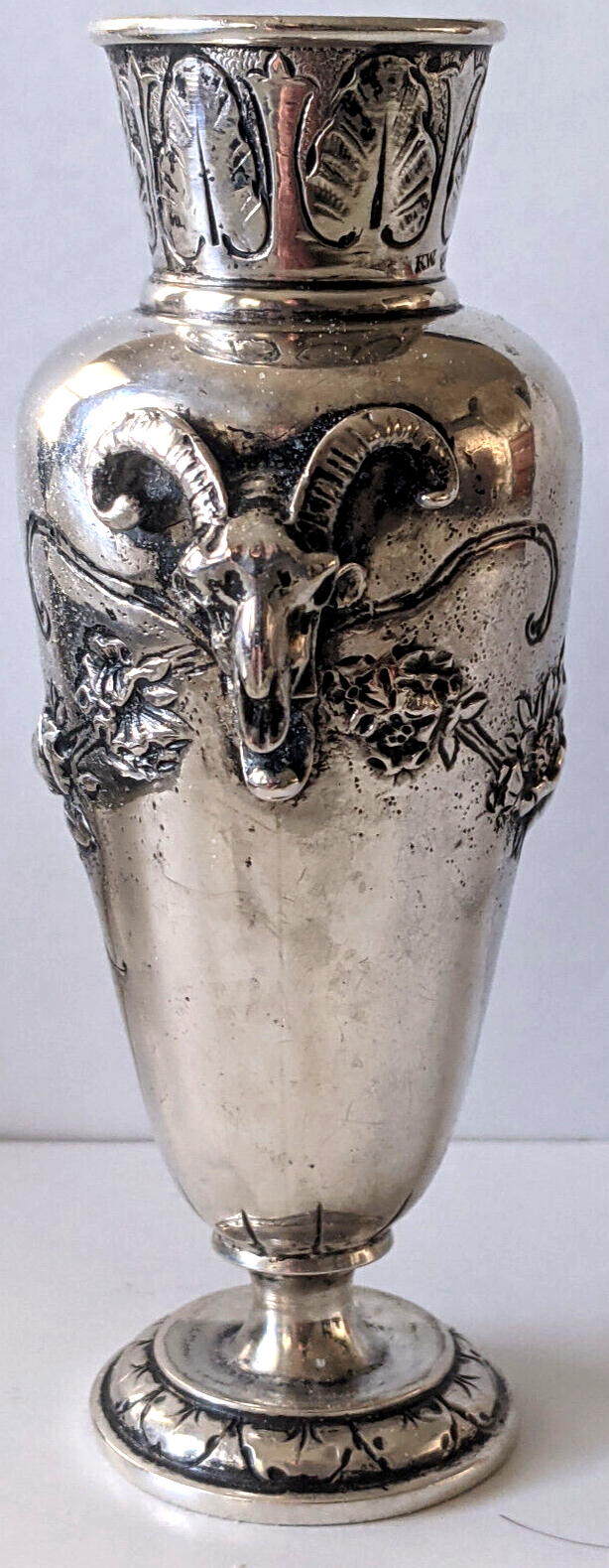 c.1900 Antique German Kaser & Walter 800 Silver Cabinet Vase. Applied Ram Skulls