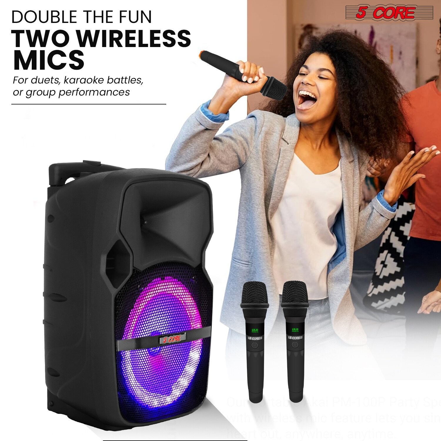 5Core Party Speaker 2pc Bluetooth 400W Rechargeable Outdoor PA DJ System w 4 Mic