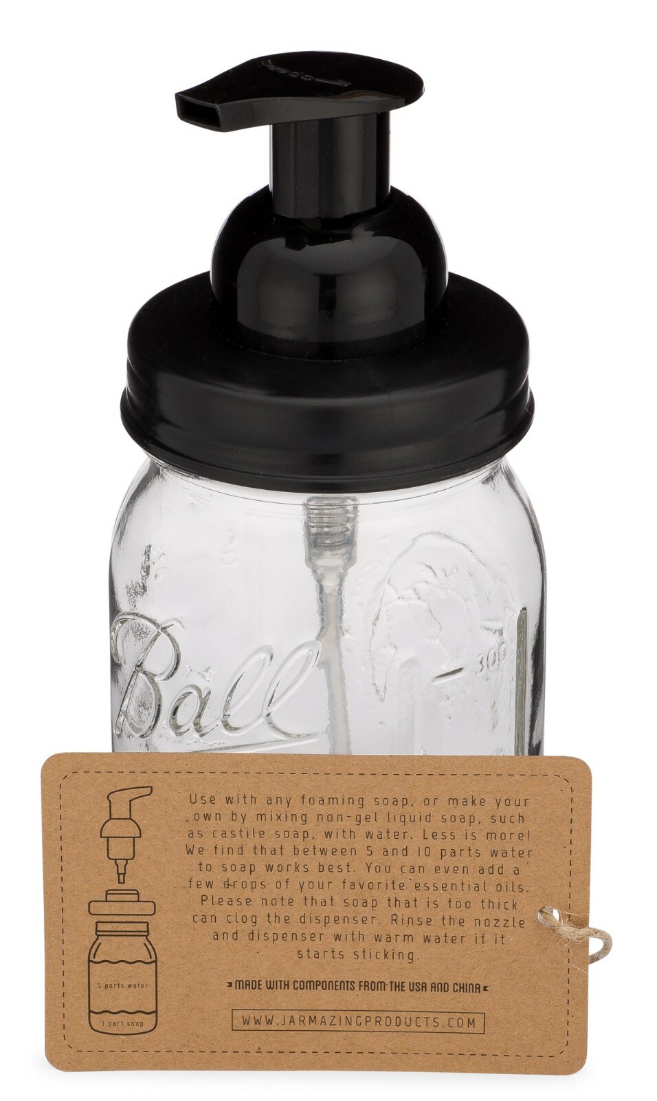 Mason Jar Foaming Soap Dispenser - Black - With 16oz Ball Mason Jar - One Pack