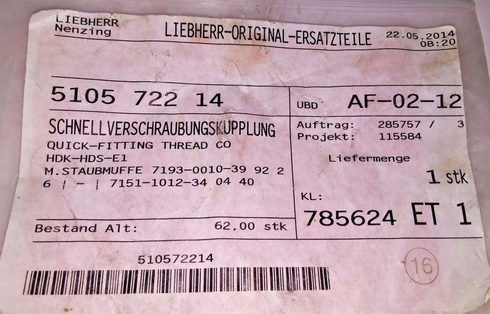 Liebherr 5105-722-14 Flat Type Hydraulic Fitting Argus 1112