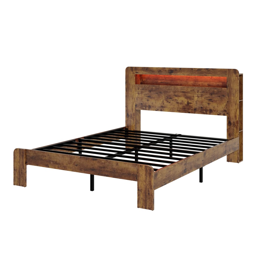 Bed Frame King Size, Wood Platform Bed Frame with Storage LED Light Headboard