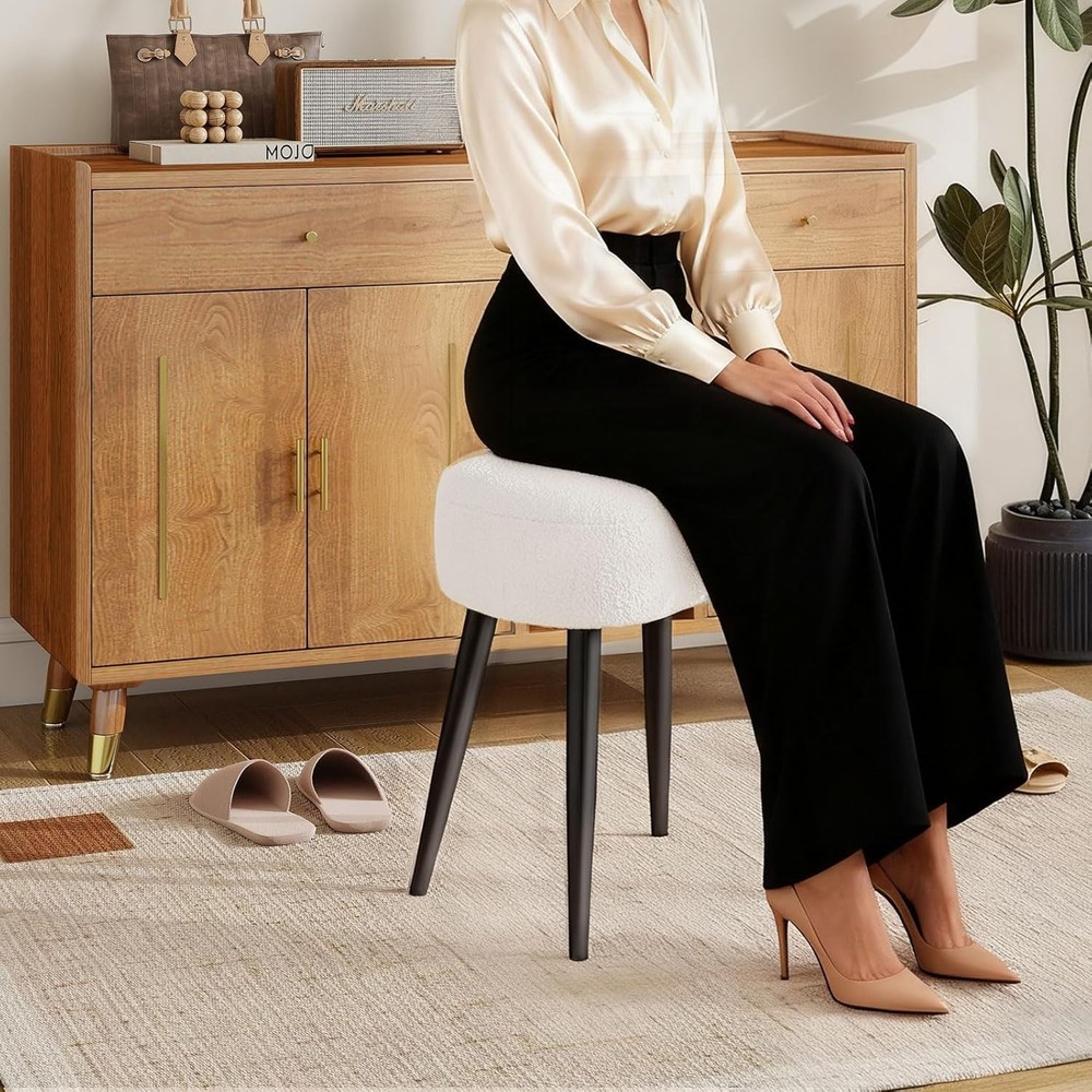 White Vanity Stool Soft Makeup Stool W/ Solid Metal Legs Vanity Corner Morden