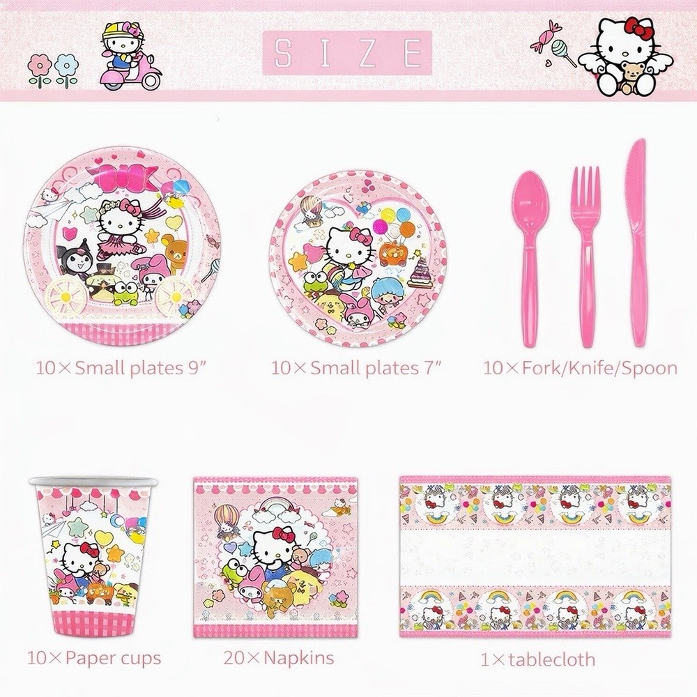 🎀✨ Hello Kitty Party Tableware Set with Glitter Cake Topper – Serves 10 ✨🎀