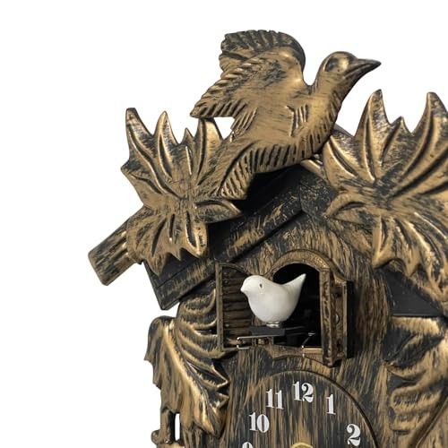 Vintage Brown Cuckoo Clock with Flapping Bird, Volume Adjustable, Battery Operat