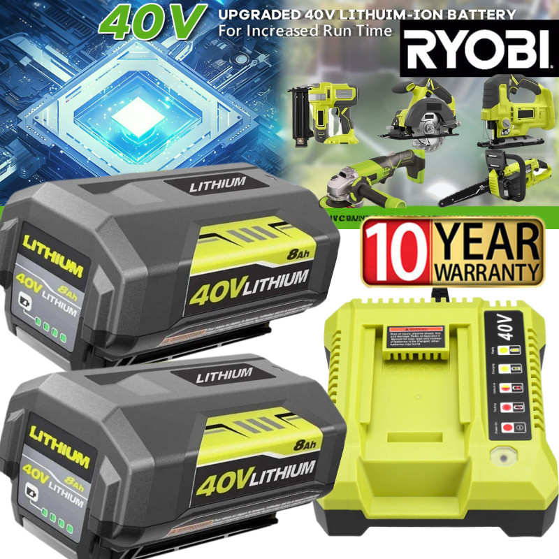 8.0Ah Battery 40 Volt for Ryobi 40V Lithium OP40602 Battery with LED / Charger