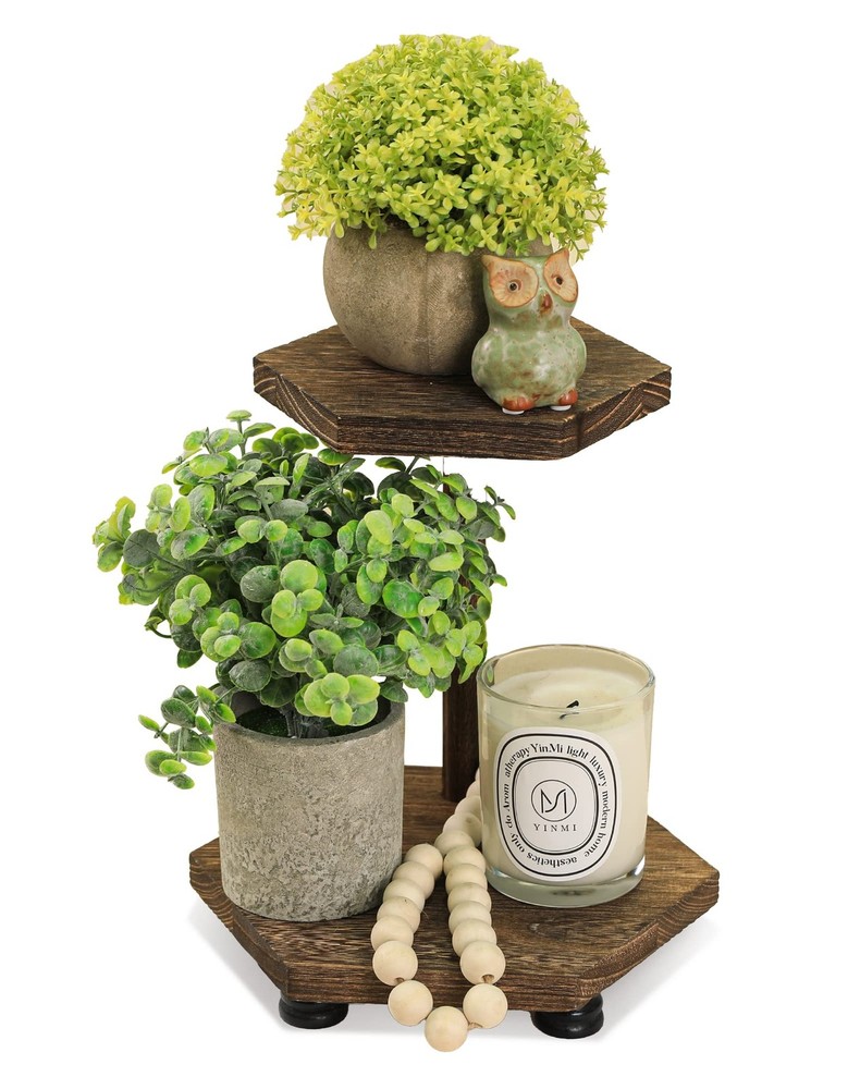 Hexagonal Wood Riser for Display, 2-Tier Rustic Wood Farmhouse Riser for Kitc...