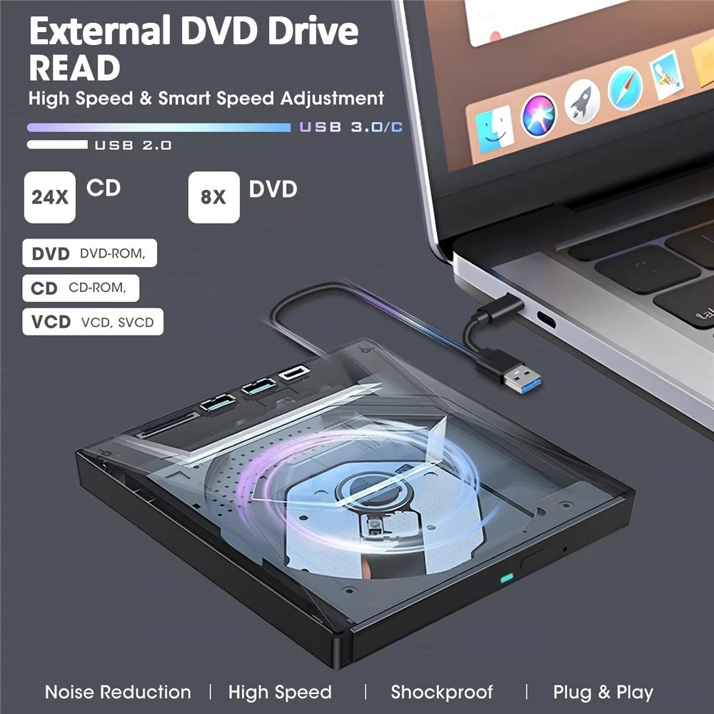 7 in 1 External CD DVD Drive USB 3.0 Writer Burner Player for PC Laptop Windows