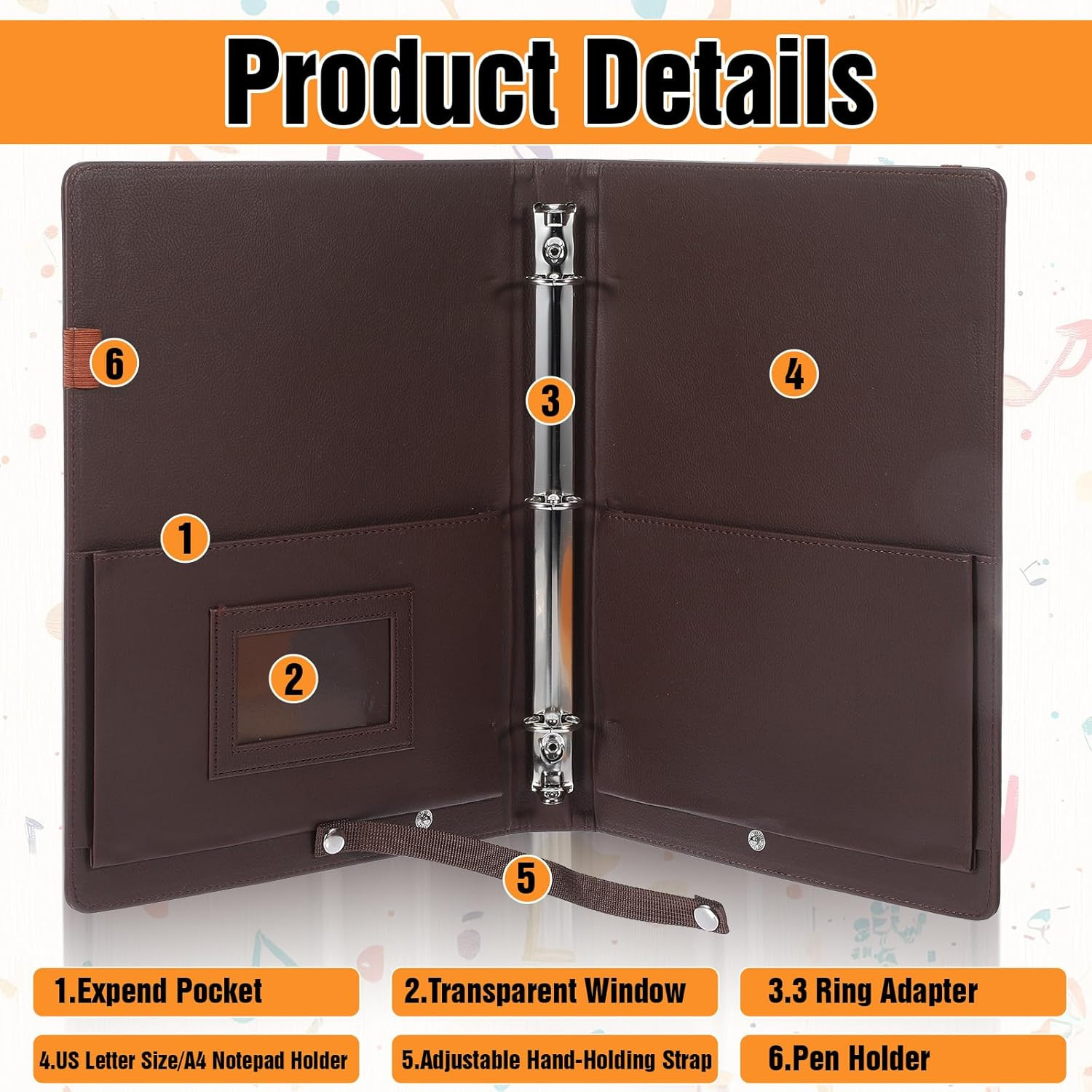 Sheet Music Folder 3 Ring Brown 13" X 9.8" Large PU Leather Choir Folder Hand