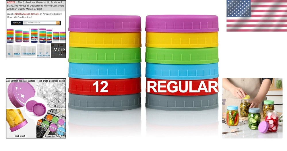 12 Pack Plastic Mason Jar Lids - Multicolor & Dishwasher Safe for Kitchen Use