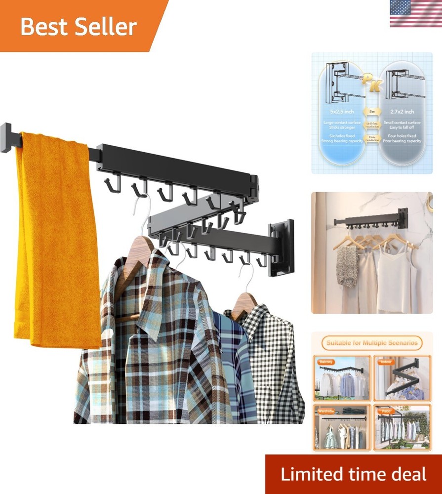Retractable Folding Clothes Hanger Rack - 150 lbs Capacity & No Drill Install