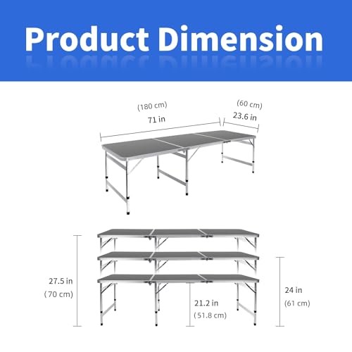 Camping Table Folding Table Large 3 Adjustable Height Portable 6FT Black