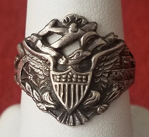 WWII Sterling Silver Patriotic Ring with USA, Eagle Airplane Cannon Battle Ship