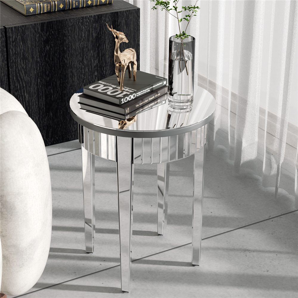 Round Venetian Mirrored Side Table Sofa Bedside Coffee Table Storage Wood Frame