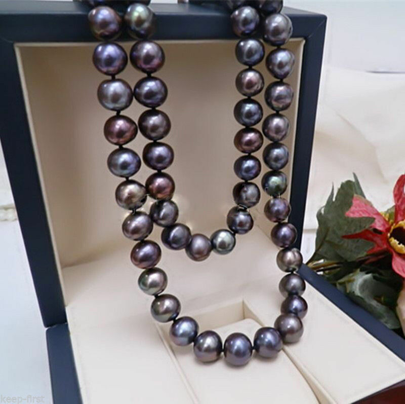 Rare Natural 8-9mm Black Freshwater Cultured Pearl Necklace 18''