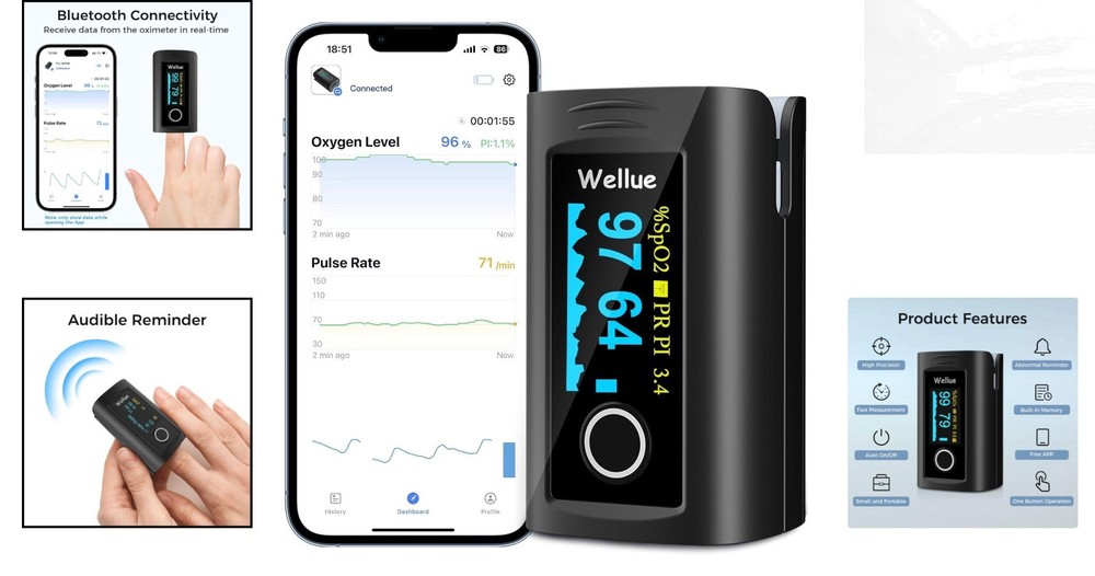 FSA Eligible Fingertip Pulse Oximeter with Free App & Built-in Memory Function