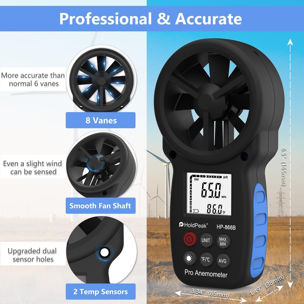 Digital Anemometer Handheld Wind Speed Meter Measuring Temperature HoldPeak
