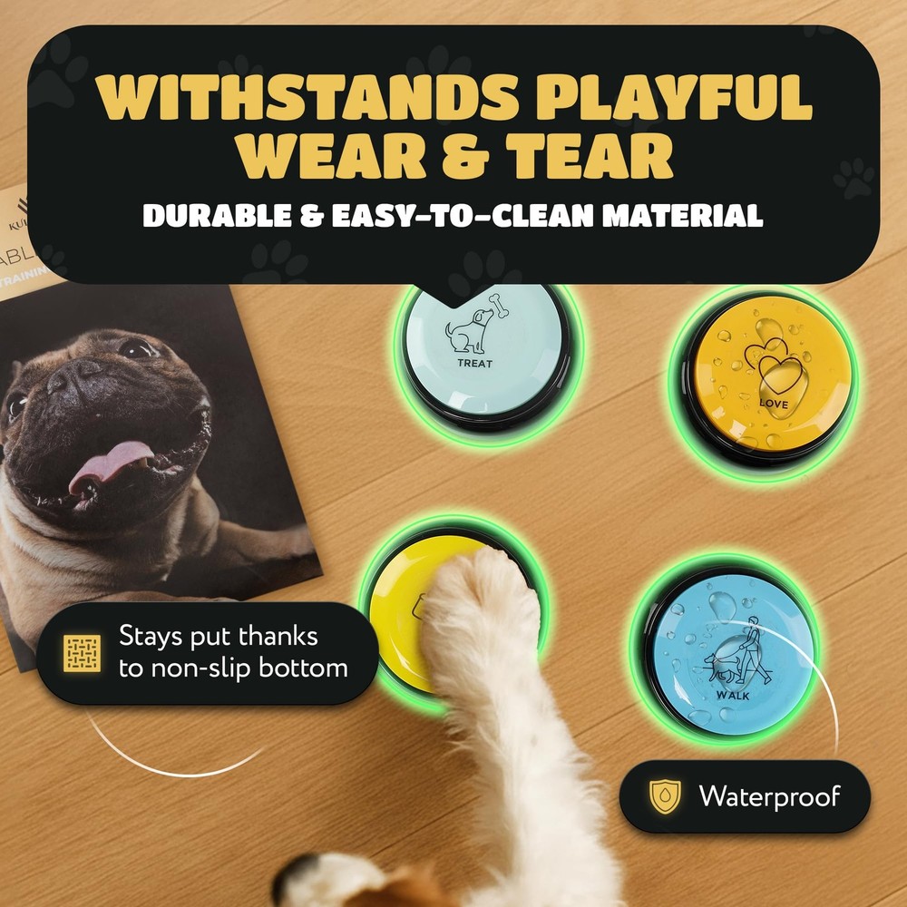 Waterproof & Non-Slip Dog Command Buttons - 4 Recordable, Programmable Talkin...