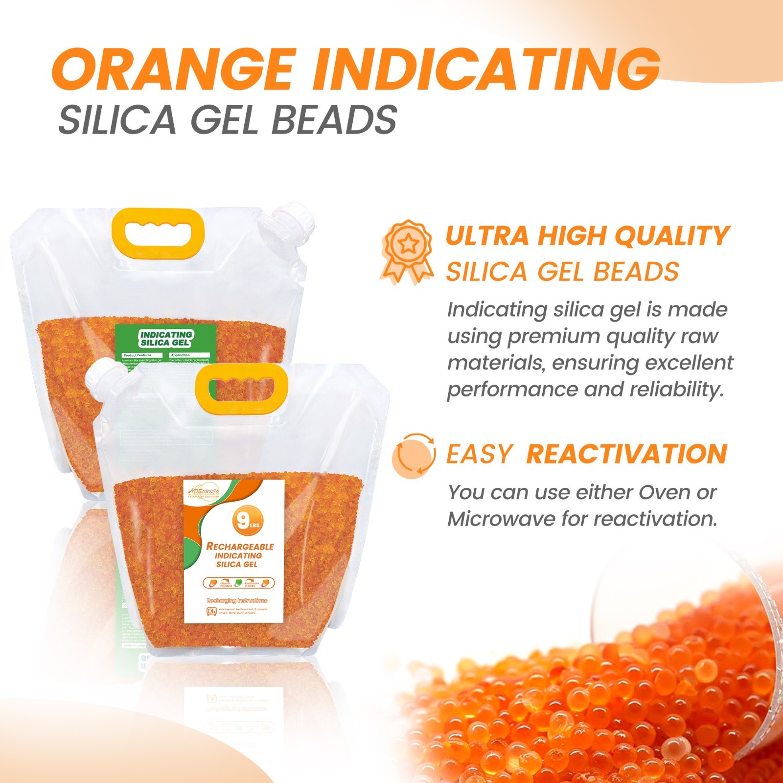 9 LBS Adsorbco Desiccant Beads, Indicating Silica Gel Beads (Orange to Green）