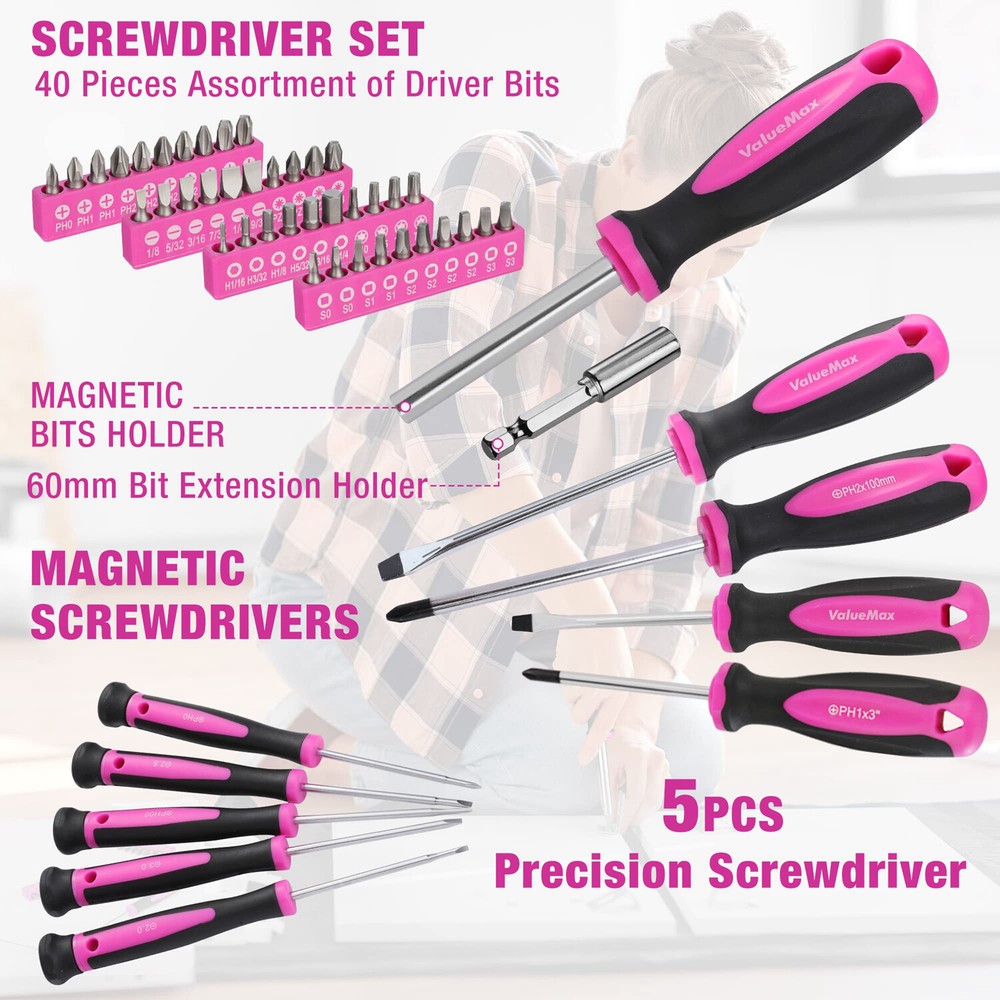 ValueMax 238PC Home Tool Kit Pink Tool Set 20V Cordless Drill Tool Set Drill Set