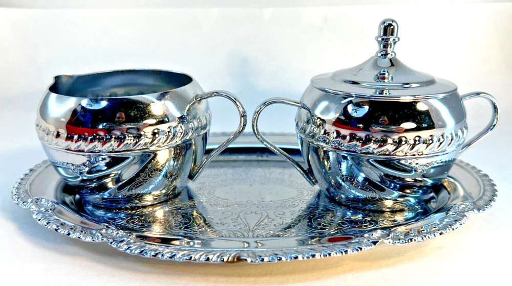Irvinware Tray With Scrollwork Lidded Sugar Bowl and Creamer