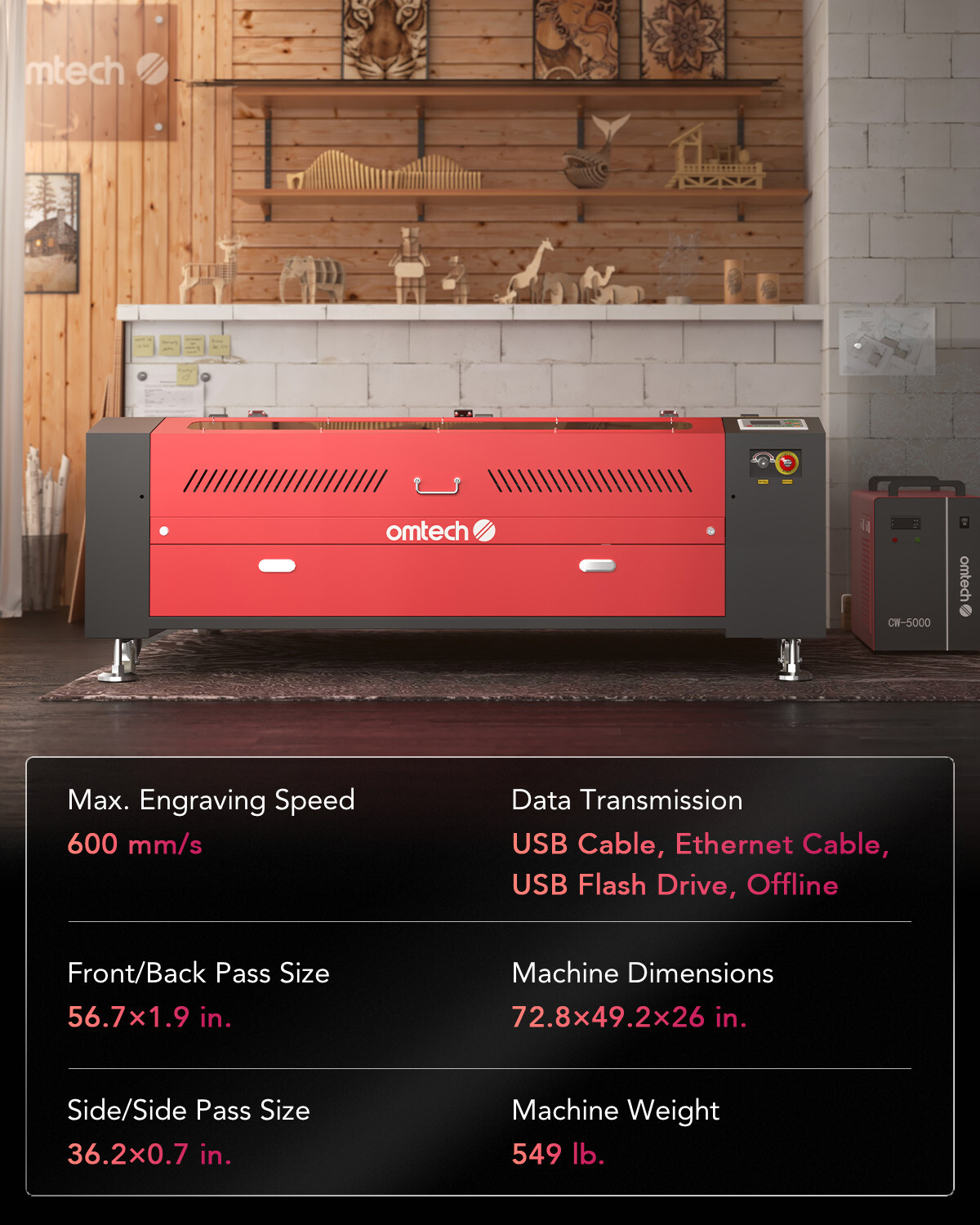 OMTech 130W 35x51in CO2 Laser Engraving Cutting Machine with 5200 Water Chiller