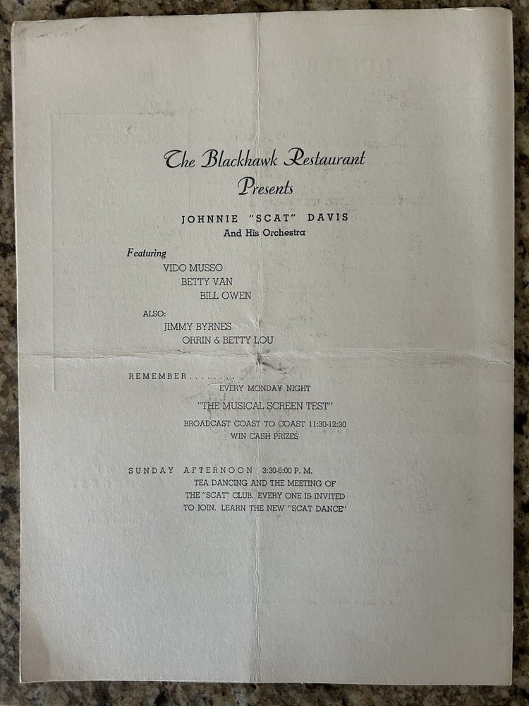 Jonnie Scat Davis Blackhawk Restaurant Menu Chicago