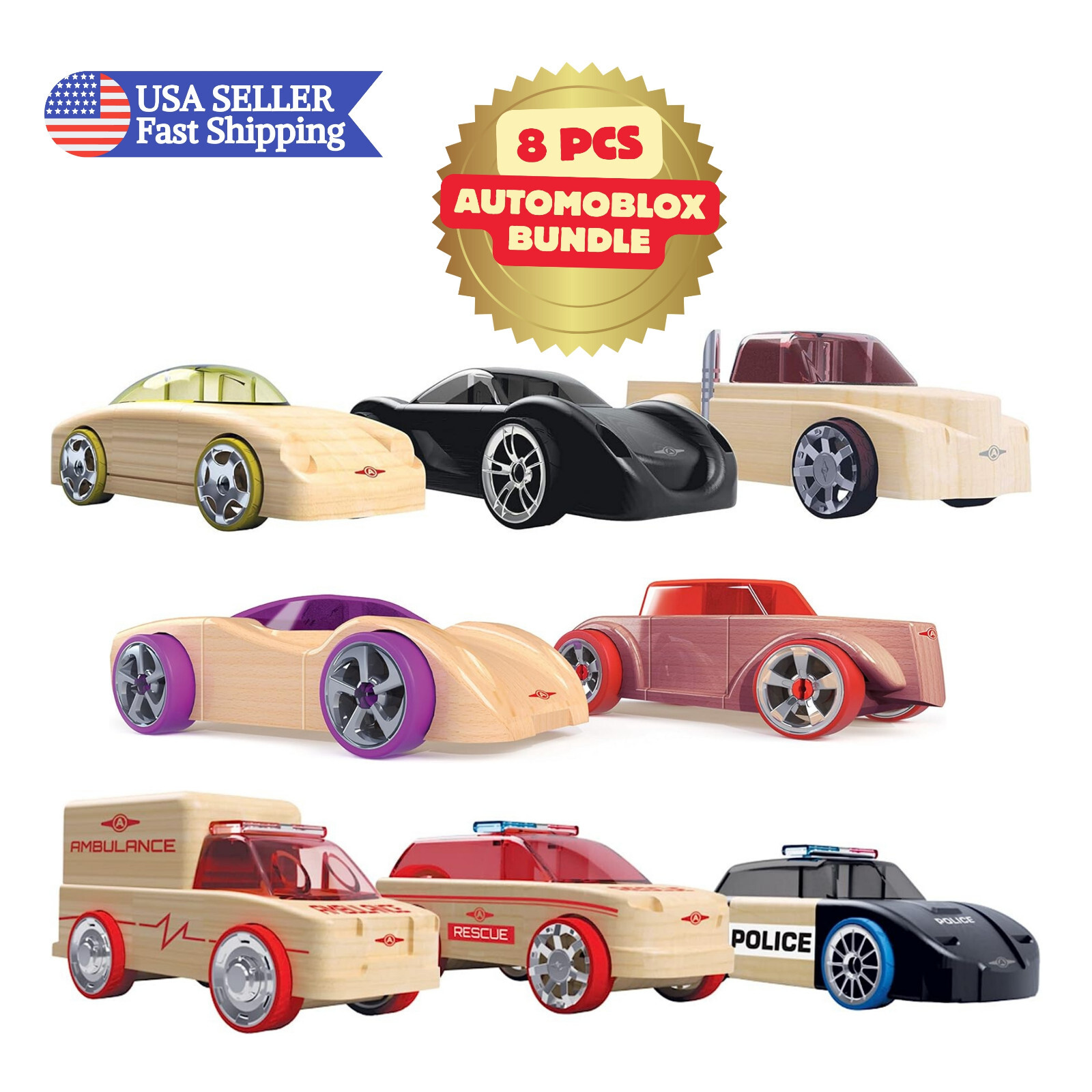 Automoblox - 8 Pcs Bundle Mini Rescue, Manta Chaos Wooden Mix-and-Match Vehicles