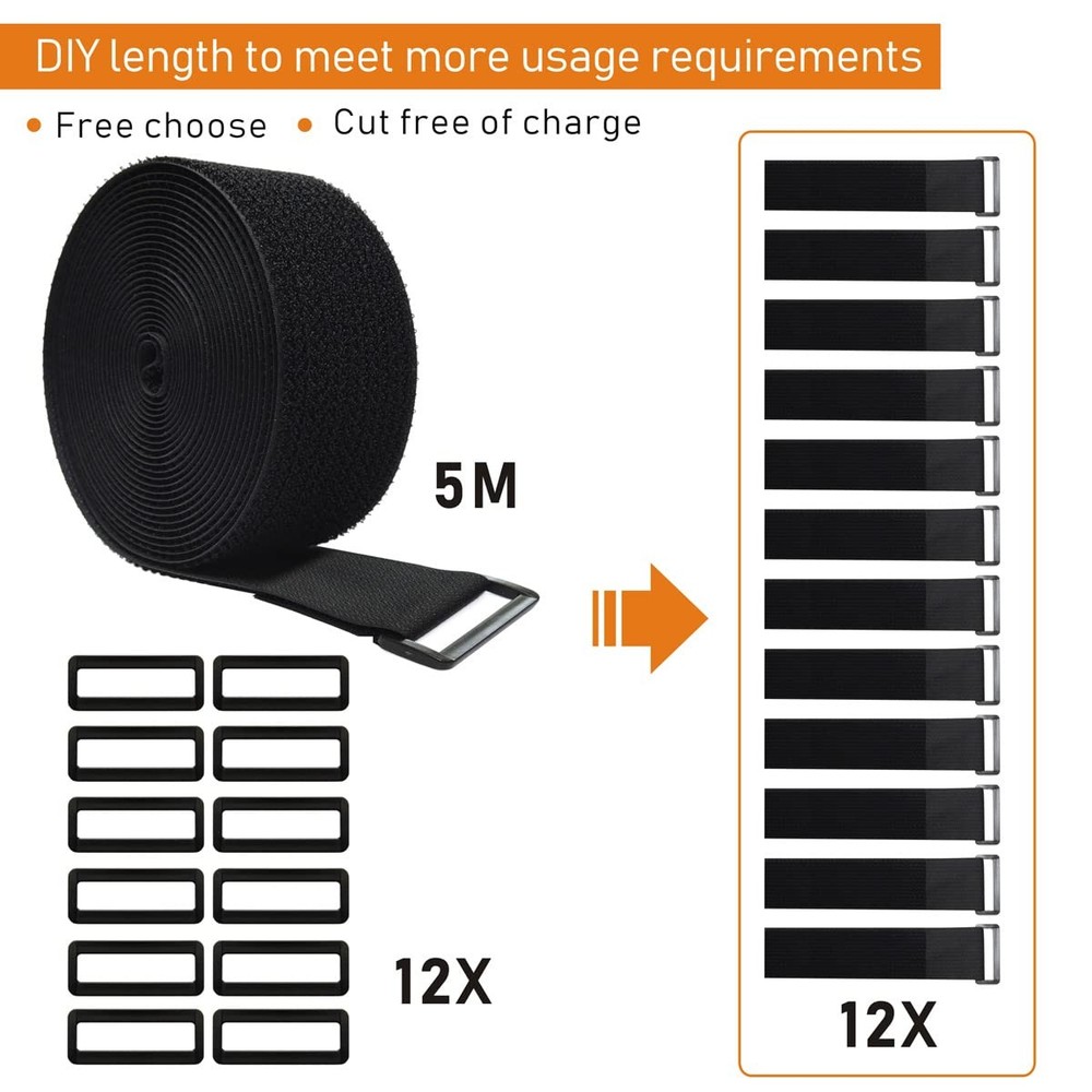 16ft x 2in Adjustable Reusable Hook Loop Cable Straps with 12 Buckles - Black
