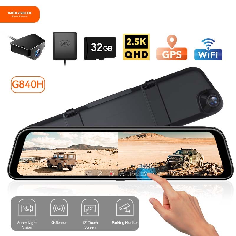 WOLFBOX G840H 12'' Mirror Dash Cam 2.5K+1080P With WiFi, GPS, Loop Recording