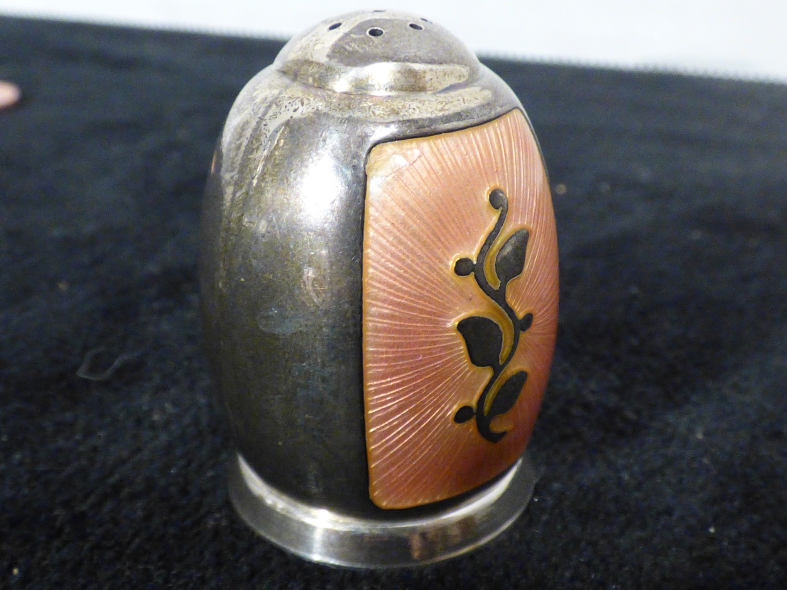 Antique Denmark Salt Cellar & Spoon & Pepper Shaker Sterling V.B. VB Pink Enamel