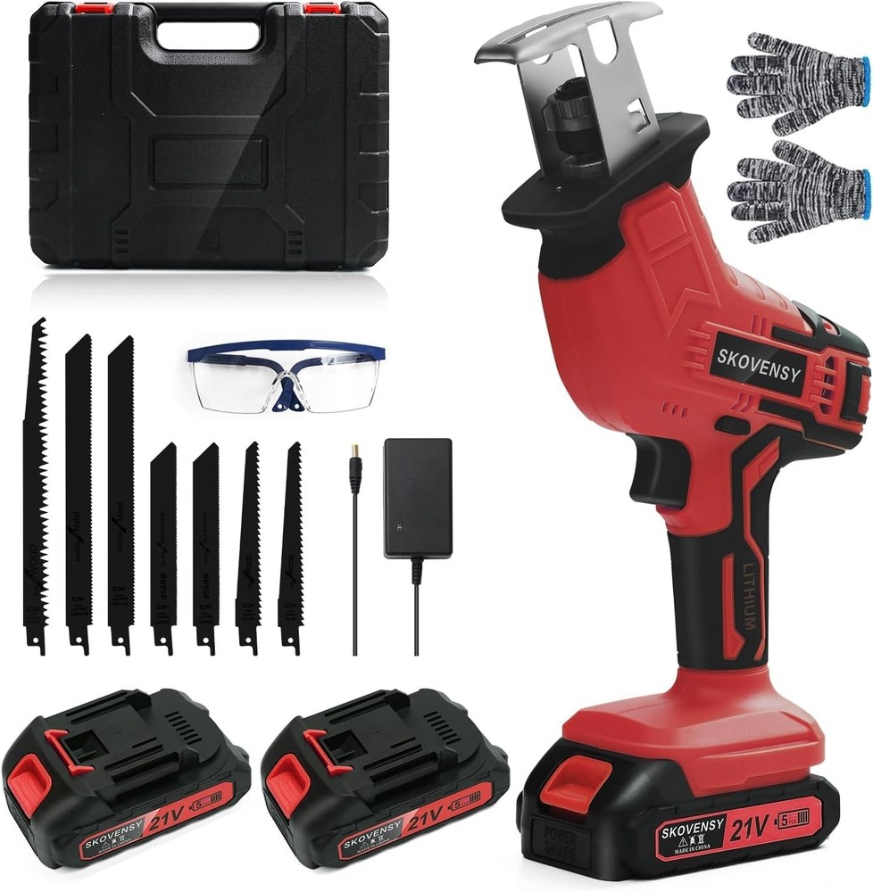 Cordless Reciprocating Saw, 2.0Ah Battery x2, Variable Speed, Red