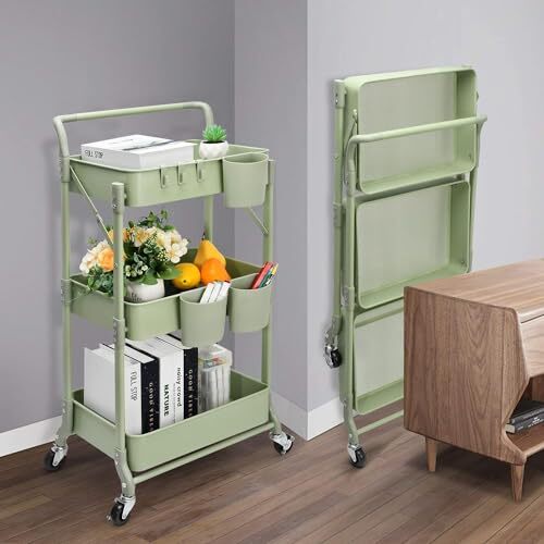 Foldable 3 Tier Metal Utility Rolling Cart Folding Mobile Multifunction Storage