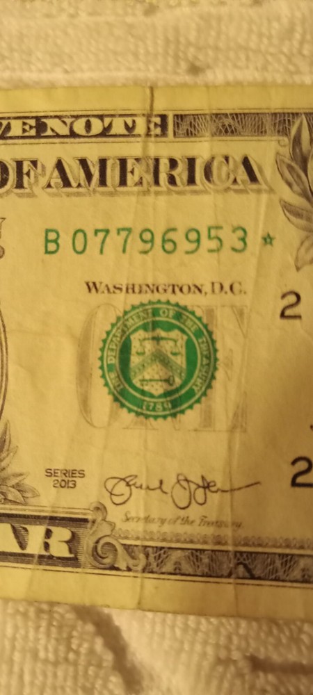 US paper money error note duplicate 2013 $1* star note B08599611* + flipper?