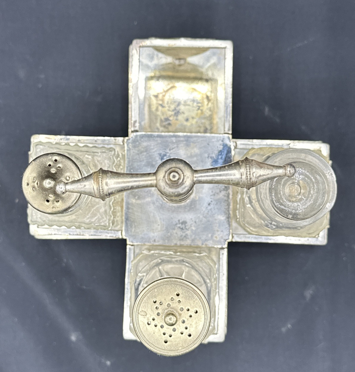 Footed 19th century silverplated cruet (maybe) Charles Ellis & Co w/ 3 Bottles