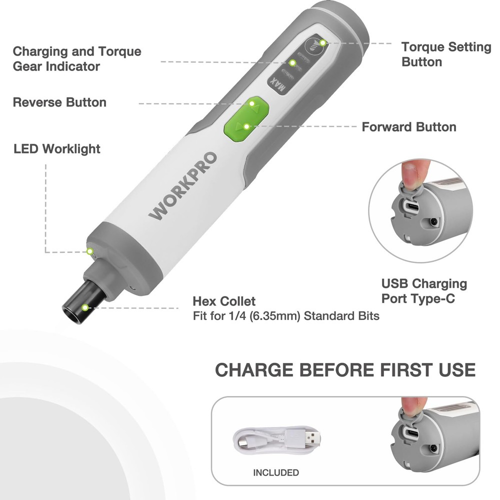 WORKPRO 4V Electric Screwdriver Rechargeable Cordless Screwdriver Set with 35Bit