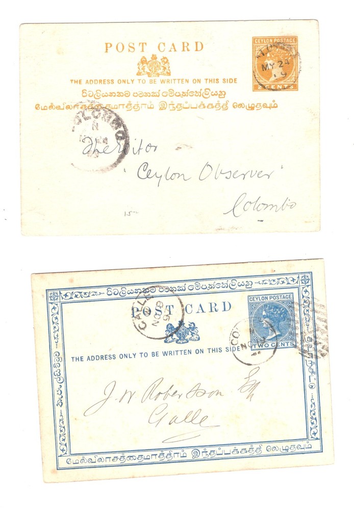 Ceylon   2  postal   cards    used