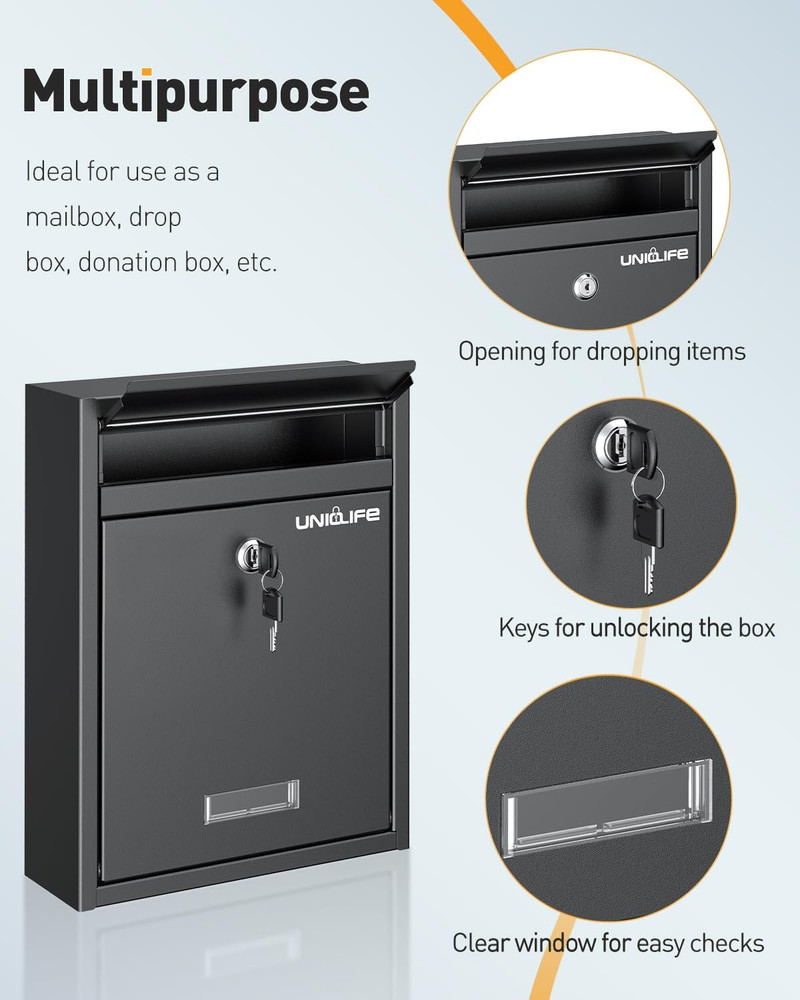 Locking Wall Mount Mailbox Large Black Steel Secure Mail Box Key Drop