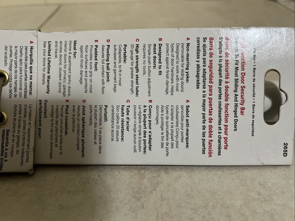 265D Master Lock Adjustable Dual Function Door Security Bar Sliding or Hinged