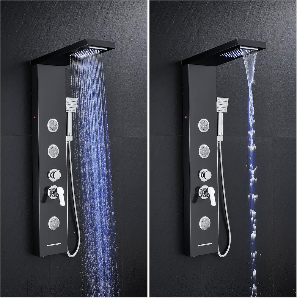 Multi-Function LED Lights Shower Panel System Black, 5 in 1 Shower Panel Include