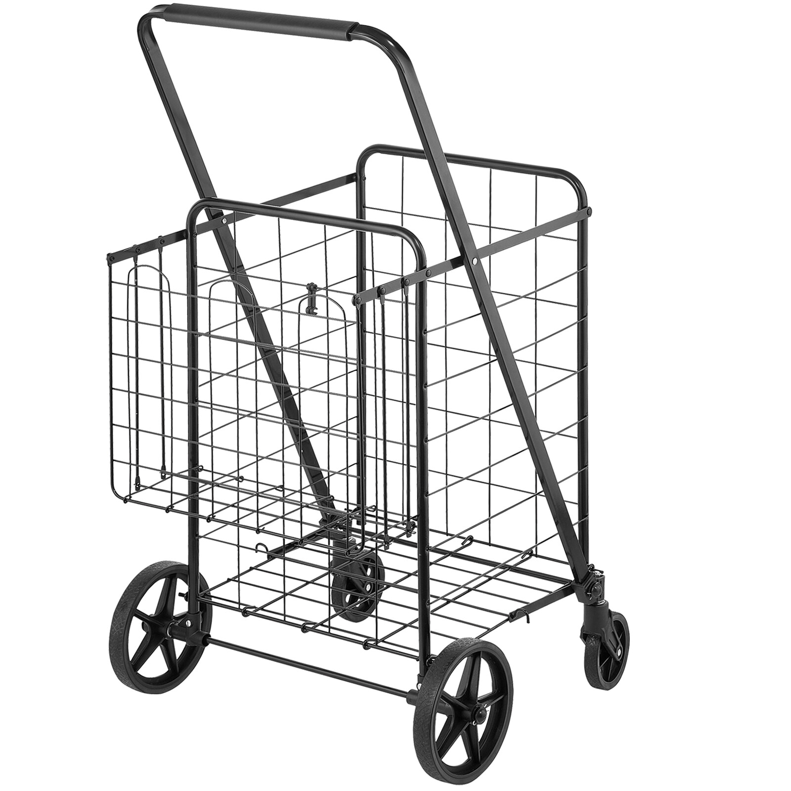 VEVOR Folding Shopping Cart Rolling Grocery Cart with Double Baskets 110 LBS