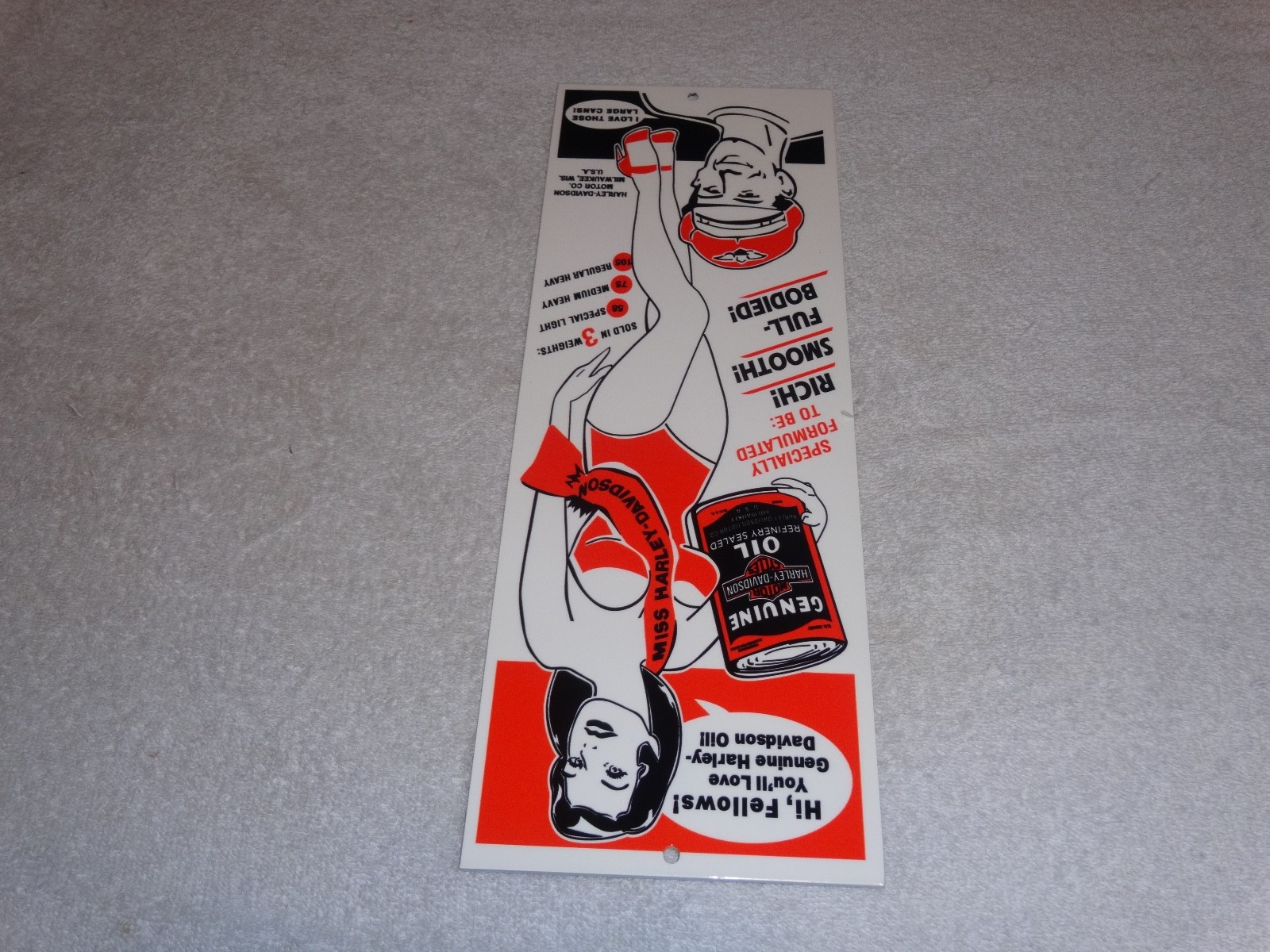 VINTAGE HARLEY DAVIDSON MOTORCYCLES WOMAN W/ LG OIL CANS 15" METAL GASOLINE SIGN