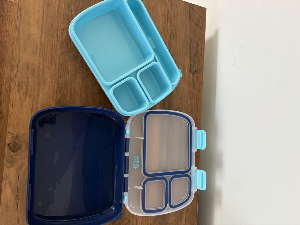 Tasty Blue 3-Compartment Rectangular Lunch Box with Handle and Snap Lid